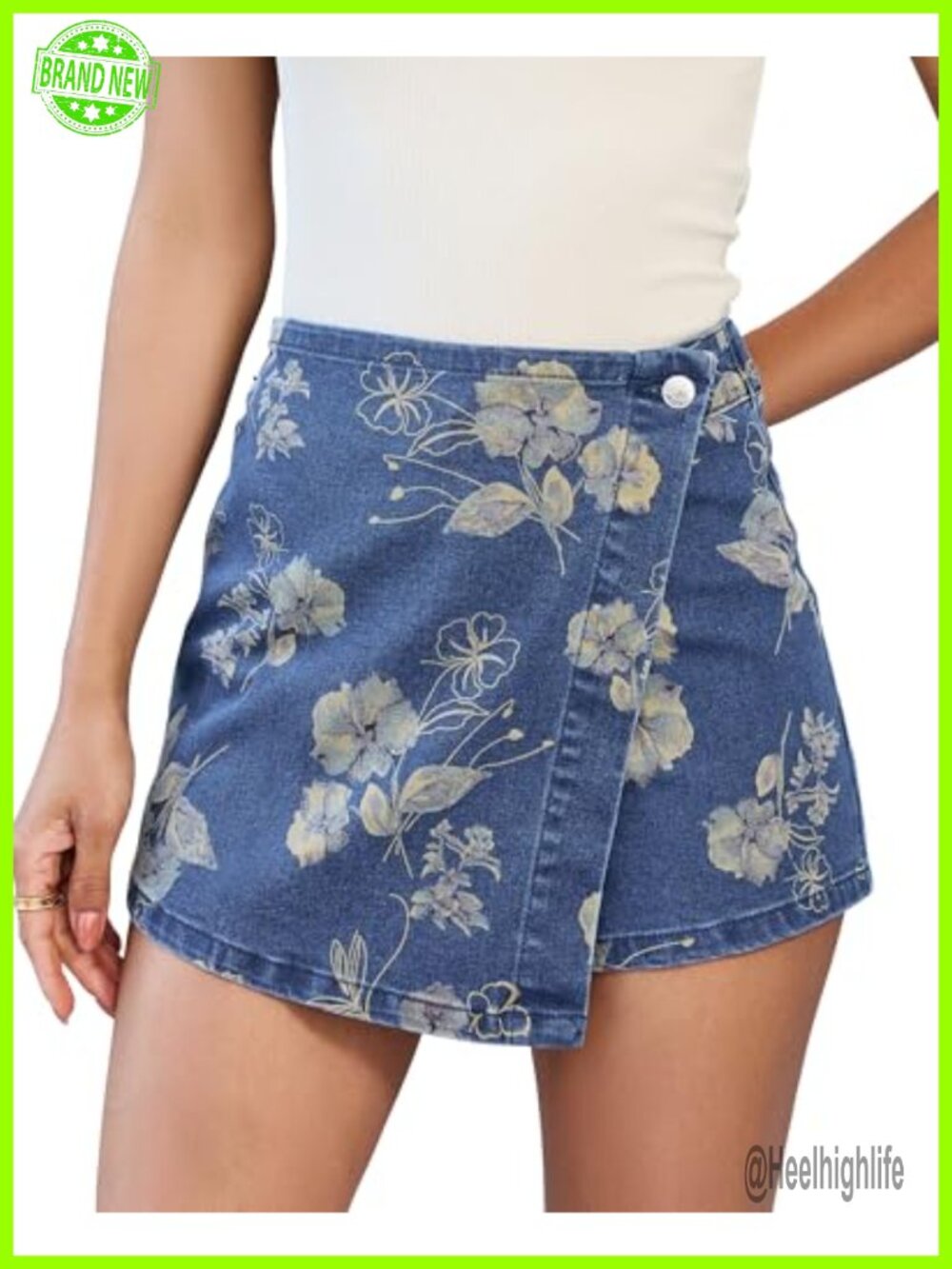 High Waisted Faux Wrap Floral Skort Stretch Denim Jean Shorts